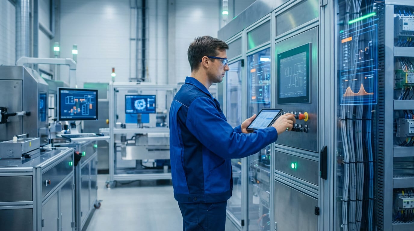 Un technicien de maintenance en bleu contrôle des équipements industriels avec une tablette, devant un panneau avec des écrans de données.