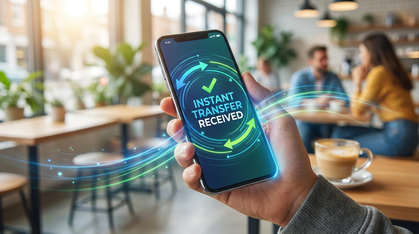Main tenant un smartphone affichant "Virement Instantané Reçu" avec des effets lumineux dans un café animé.