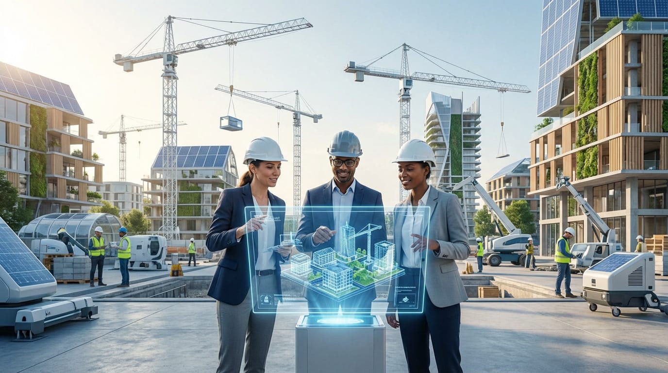 Trois professionnels du BTP examinent une maquette holographique sur un chantier durable avec grues et bâtiments écologiques.