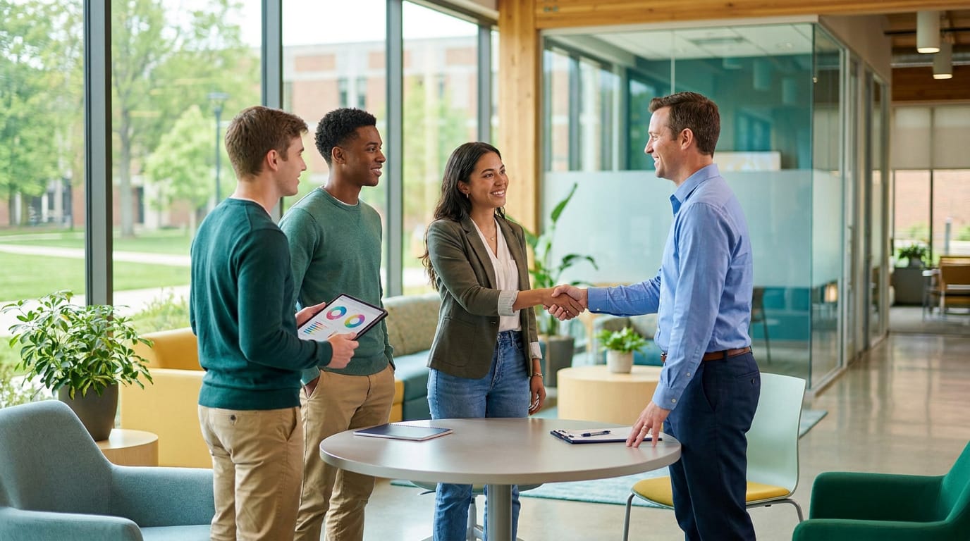 Quatre personnes, dont trois jeunes, dans un espace de bureau lumineux. Une poignée de main professionnelle symbolise l'insertion.
