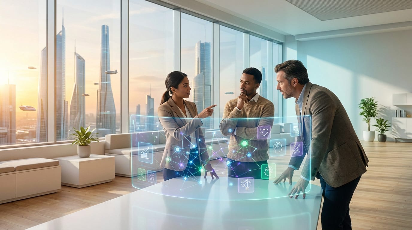 Trois professionnels analysent des icônes de compétences sur un hologramme en bureau futuriste, skyline avec véhicules volants.