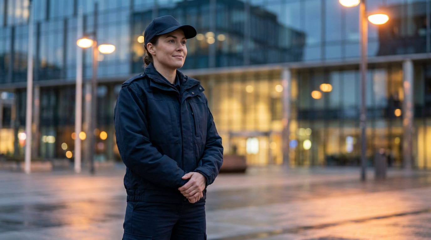 Agente de police souriante en uniforme bleu marine devant des bâtiments de verre et des lumières urbaines au crépuscule.