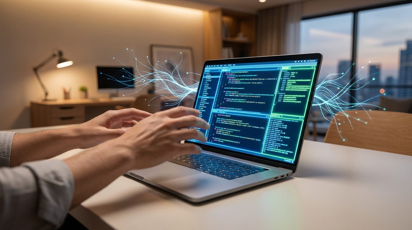 Mains tapant sur un laptop affichant du code. Des flux lumineux bleus s'échappent de l'écran, suggérant l'IA et l'analyse de données.