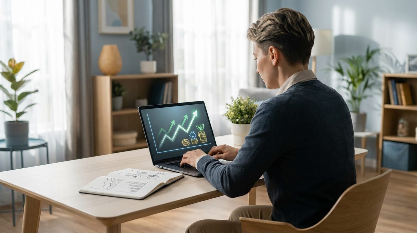 Un professionnel calcule et optimise son salaire sur un portable affichant une courbe de croissance financière, des icônes d'épargne et d'investissement.