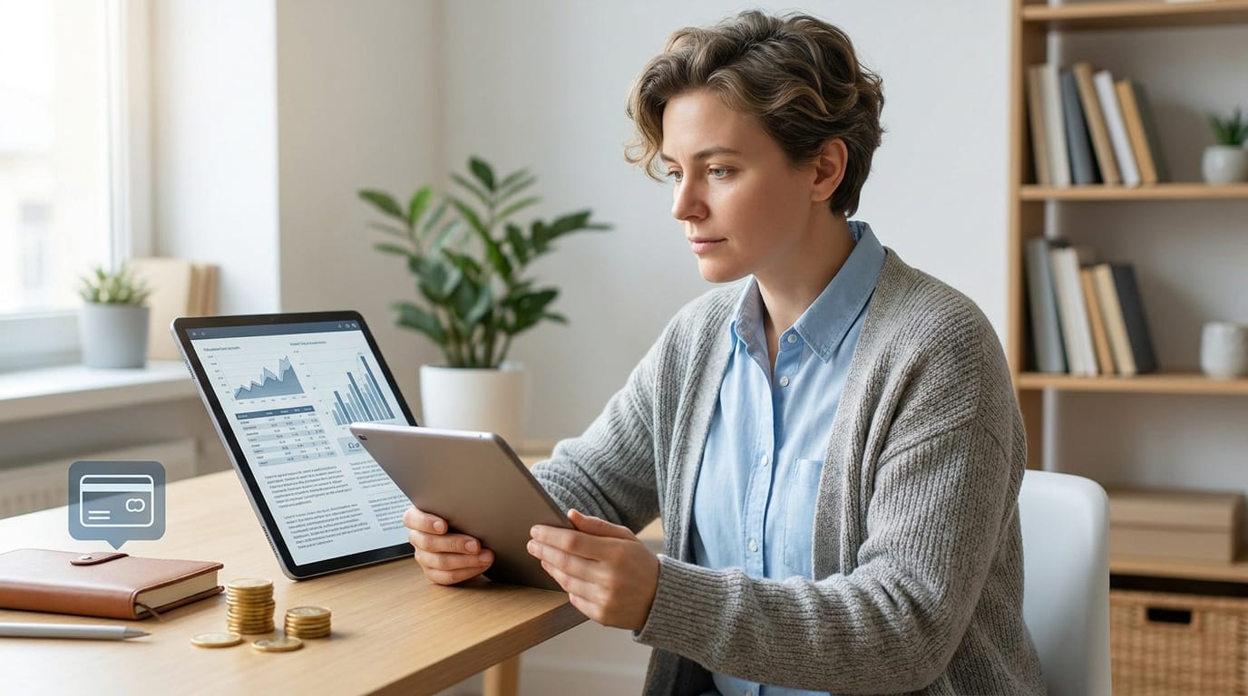 Femme concentrée analysant des graphiques financiers sur deux tablettes, avec des pièces et un carnet sur le bureau. Icône de carte bancaire.