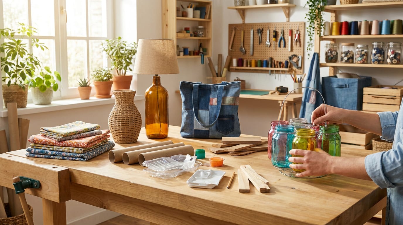 Mains arrangeant des bocaux en verre colorés dans un atelier lumineux. Sur la table: tissus, carton, lampe upcyclée, sac en jean.