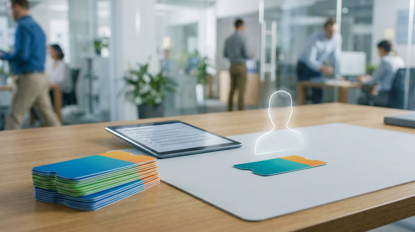 Sur un bureau en bois, des chèques cadeaux empilés et une carte individuelle à côté d'une silhouette lumineuse. Une tablette affiche un document. Bureau moderne en arrière-plan.
