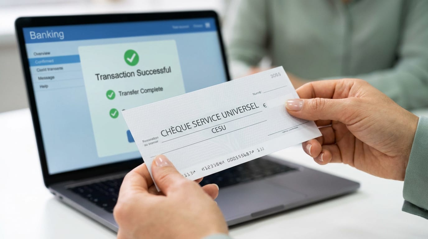 Mains tenant un chèque CESU devant un PC montrant une transaction bancaire réussie en ligne.