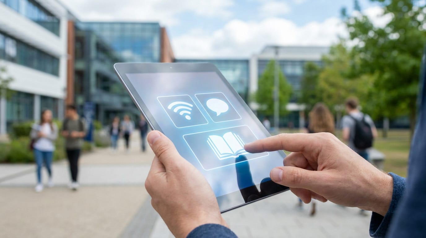 Mains tenant une tablette affichant des icônes (Wi-Fi, chat, livre) sur un campus universitaire flou avec étudiants.