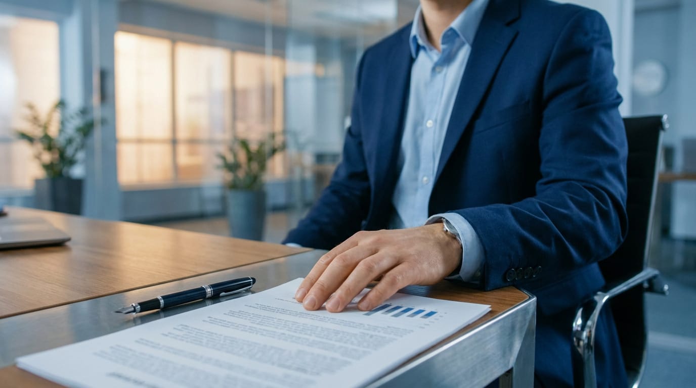 Professionnel en costume bleu analysant des documents avec graphique et stylo sur un bureau en bois moderne, dans un bureau lumineux.