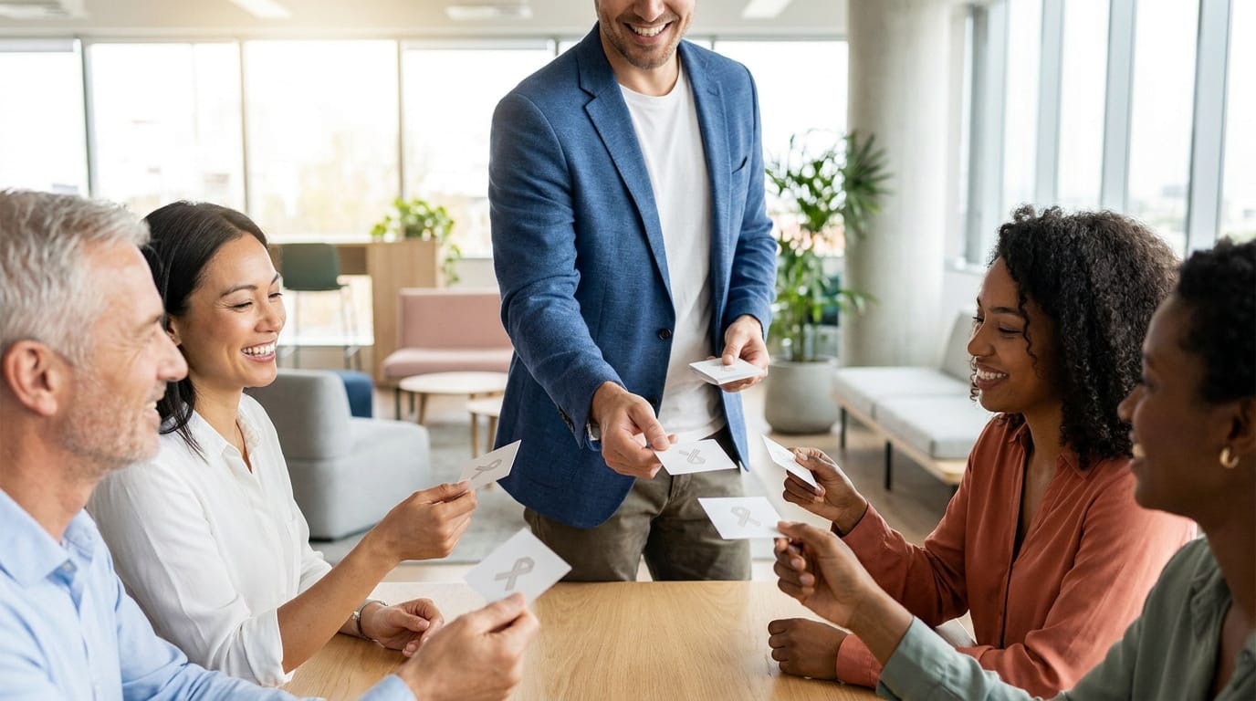 Un homme souriant distribue des cartes avec un ruban gris à des collègues divers et souriants autour d'une table en bureau.
