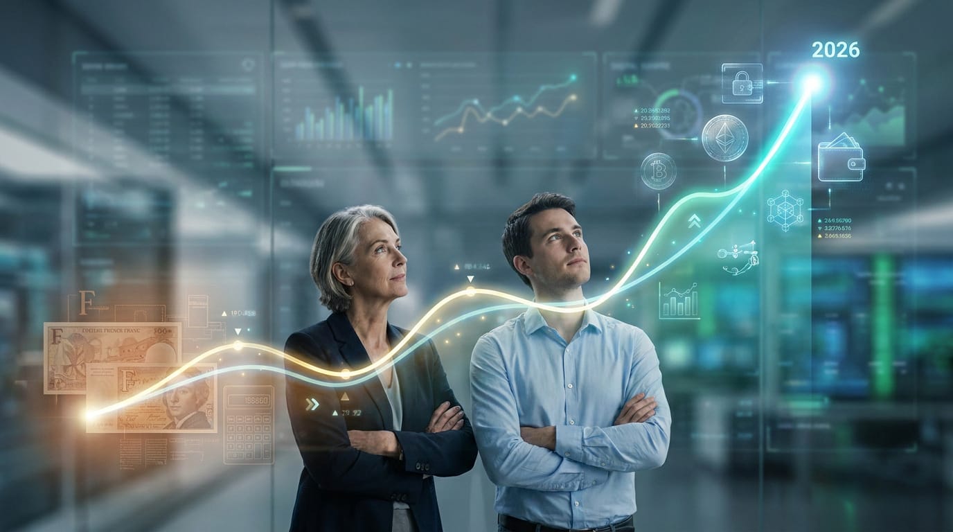 Deux cadres observent des données financières holographiques, montrant l'évolution du SMIC avec des francs et une projection à 2026.