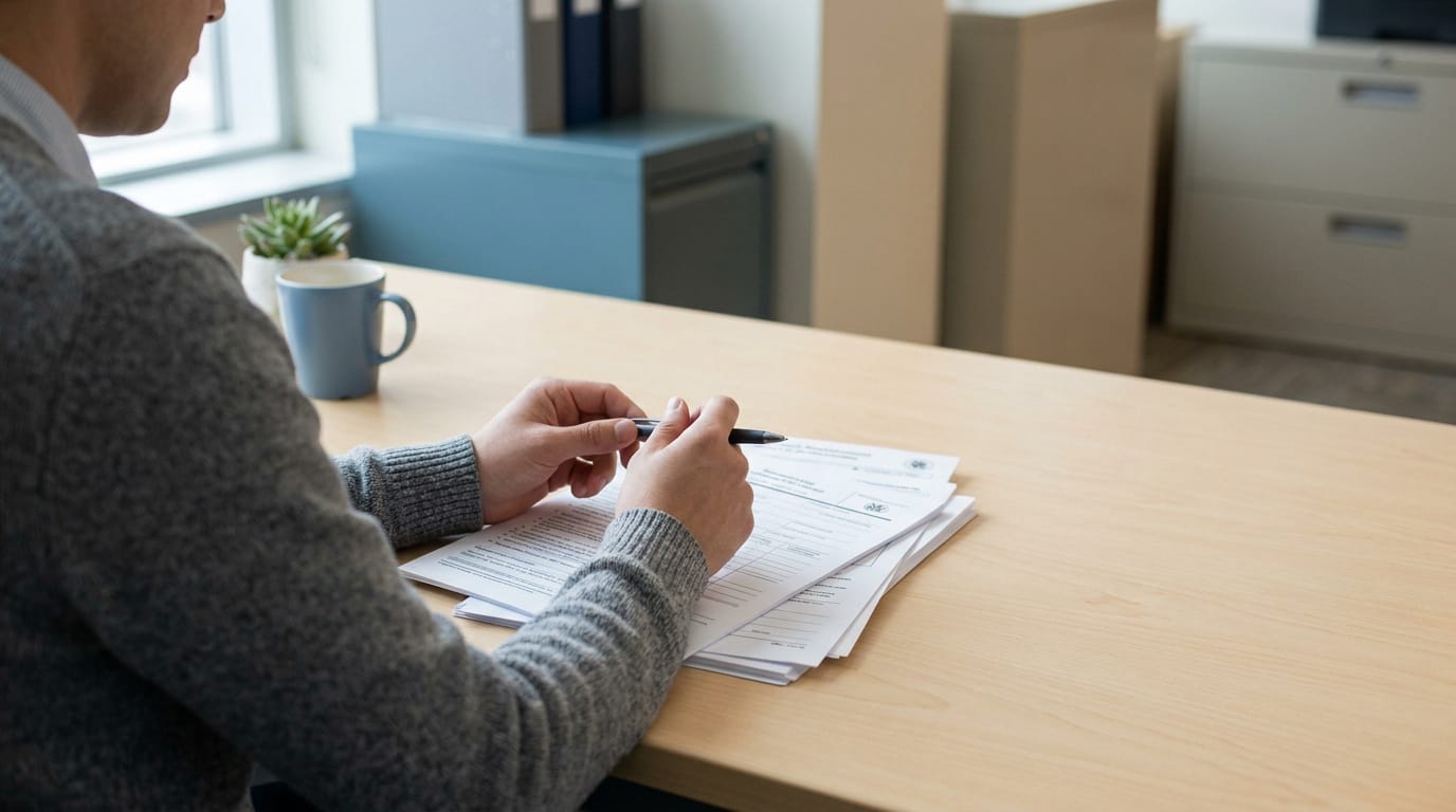 Un homme remplit des formulaires avec un stylo sur un bureau en bois. Il porte un pull gris; une tasse et une plante sont visibles à l'arrière-plan.