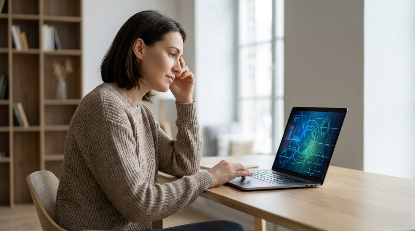 Jeune femme en pull beige fixant son écran d'ordinateur portable affichant des graphiques tech, la main sur le front, signe de réflexion.