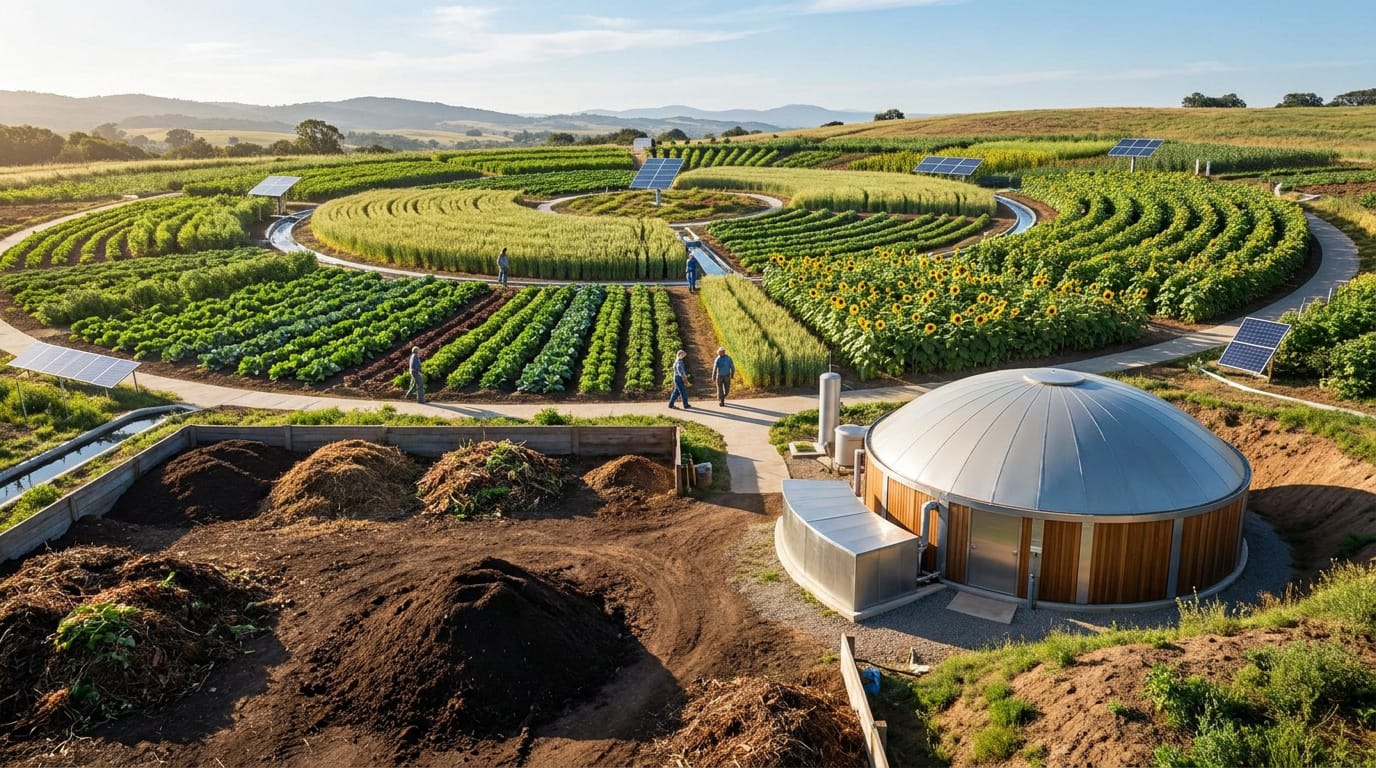 Vue aérienne d'une ferme circulaire avec champs en terrasses, panneaux solaires, compost et bâtiment moderne. Des gens marchent.