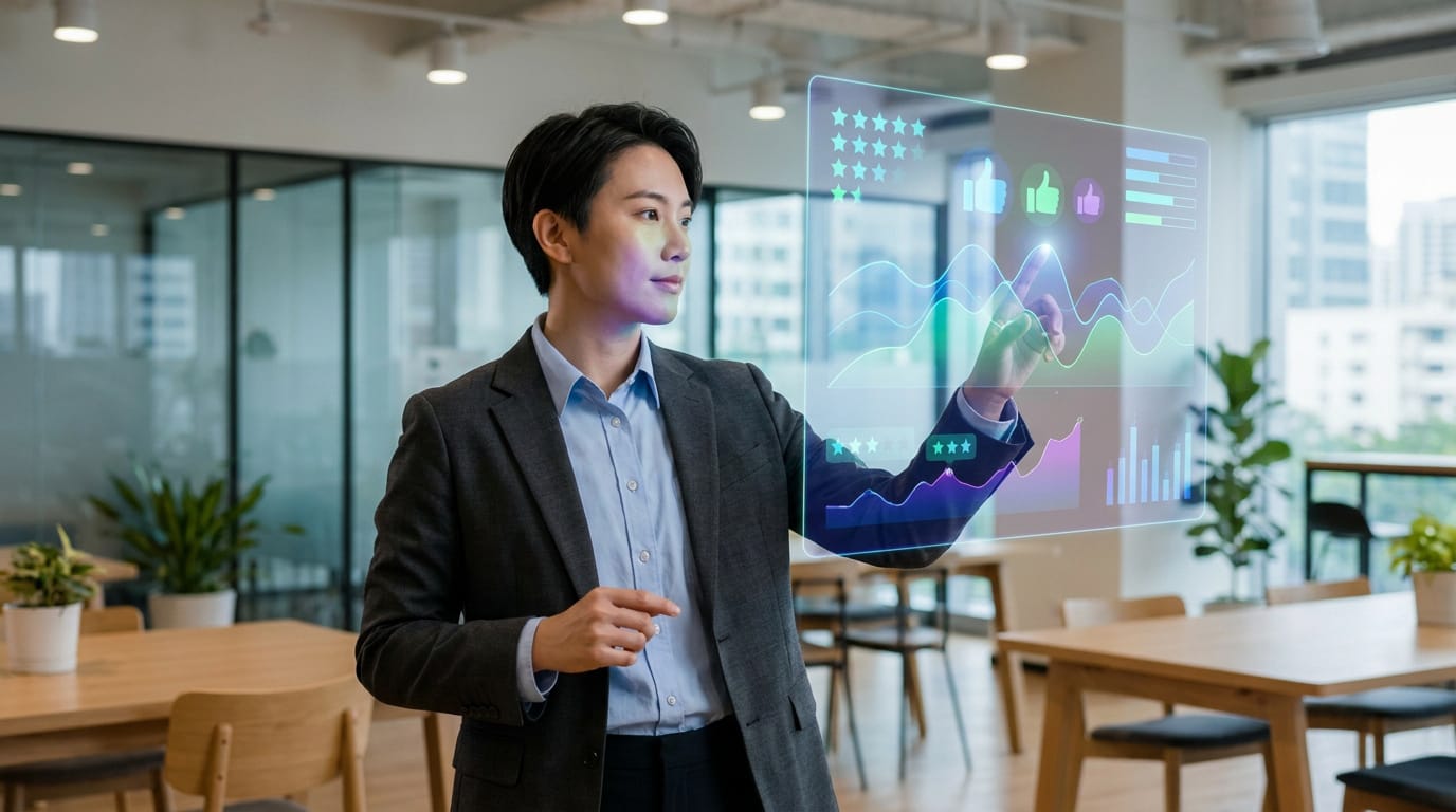 Un professionnel analyse des données via un écran holographique interactif dans un bureau vitré et moderne.