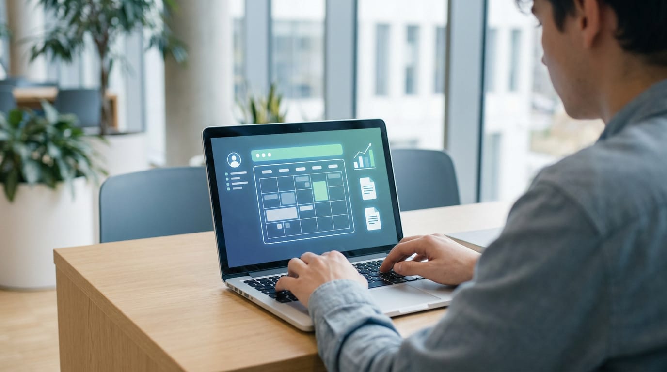 Un jeune utilise un ordinateur portable affichant une interface d'e-service avec calendrier, profil et documents, évoquant le portail CAS ESIGELEC.