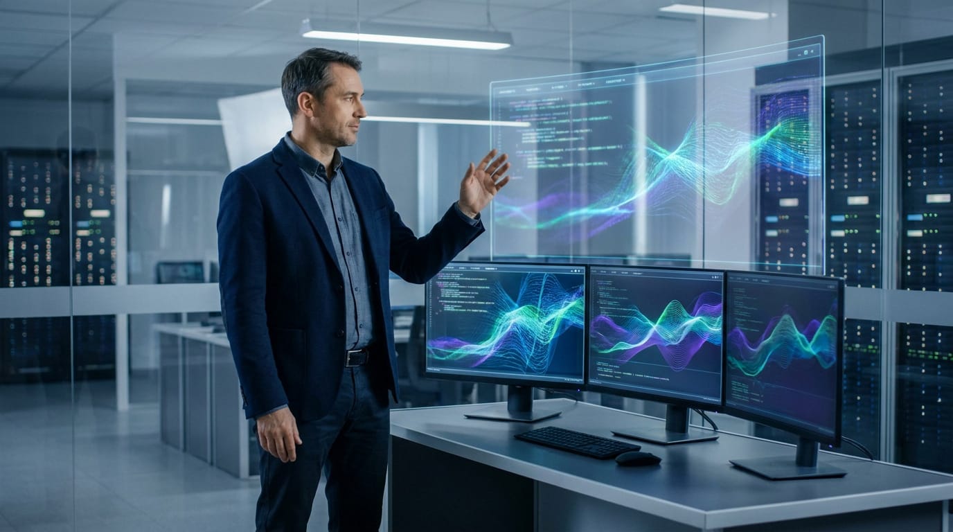 Homme en costume interagissant avec un écran holographique de données et code, avec deux moniteurs affichant des courbes. Ambiance de data center moderne.