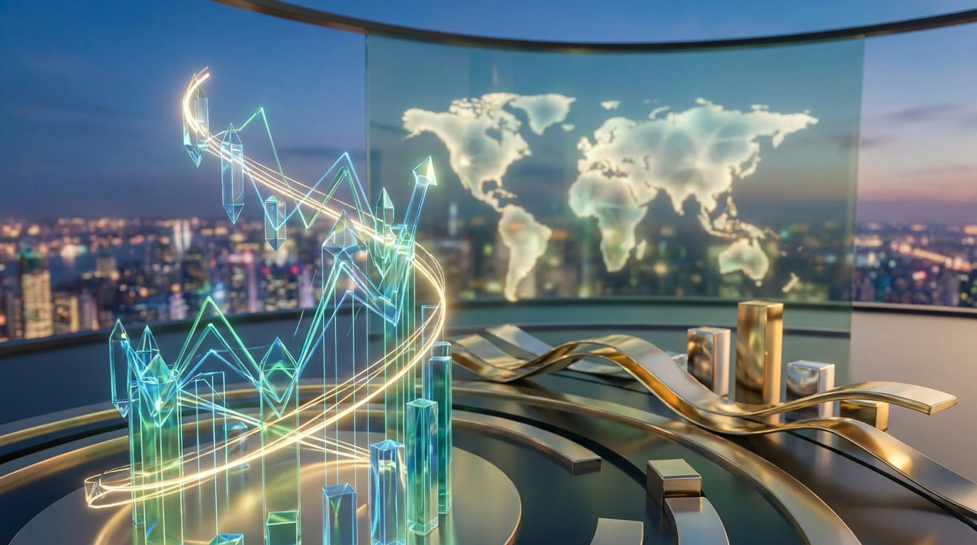 Visualisation futuriste de la croissance économique, avec un graphique boursier lumineux, une carte du monde et une ville éclairée.