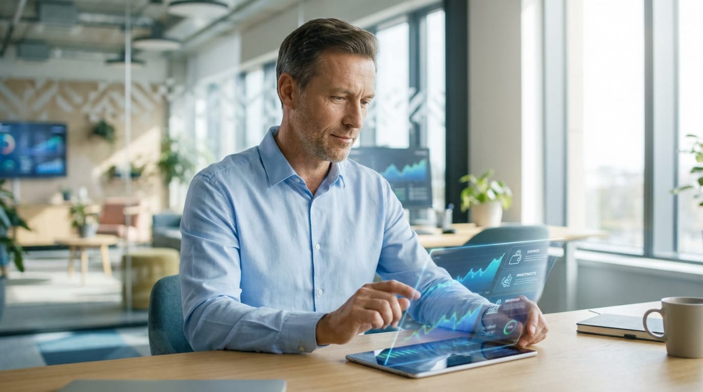 Professionnel en chemise bleue analysant des données financières projetées en 3D depuis une tablette dans un bureau moderne.