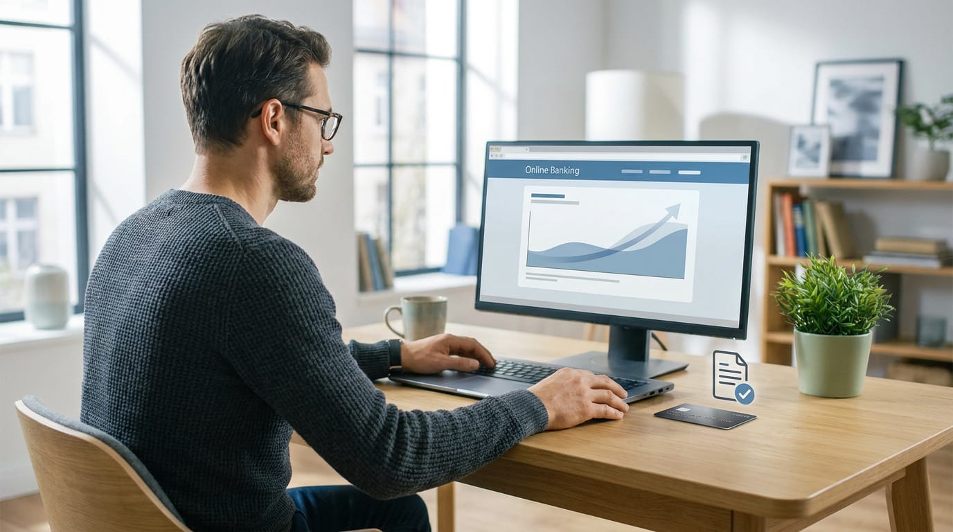 Un homme gère ses finances professionnelles sur ordinateur. Écran affiche « Online Banking » et graphique de croissance. Carte bancaire et document sur le bureau.