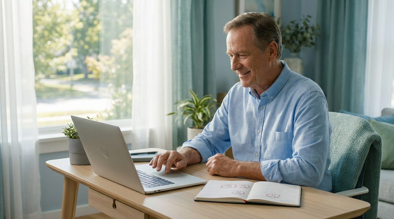 Homme retraité souriant utilise un ordinateur portable à son bureau à domicile, symbolisant un emploi flexible et épanouissant.
