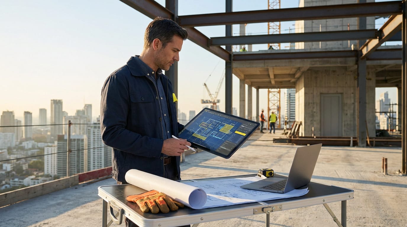 Un auto entrepreneur du bâtiment examine des plans numériques sur tablette sur un chantier, avec un ordinateur et des plans papier.
