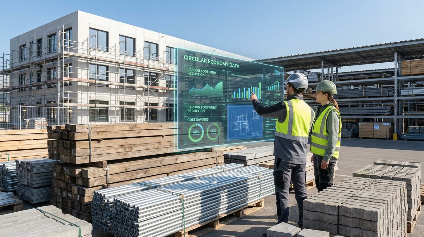 Deux ouvriers analysent des données d'économie circulaire via un écran holographique sur un chantier avec des matériaux de construction.