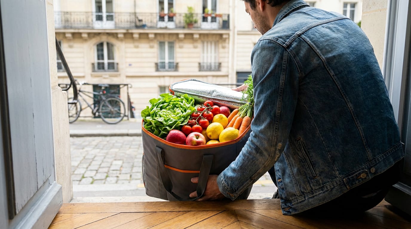 Un homme en veste en jean dépose un sac isotherme rempli de légumes et fruits frais devant une porte en bois, dans un décor urbain.