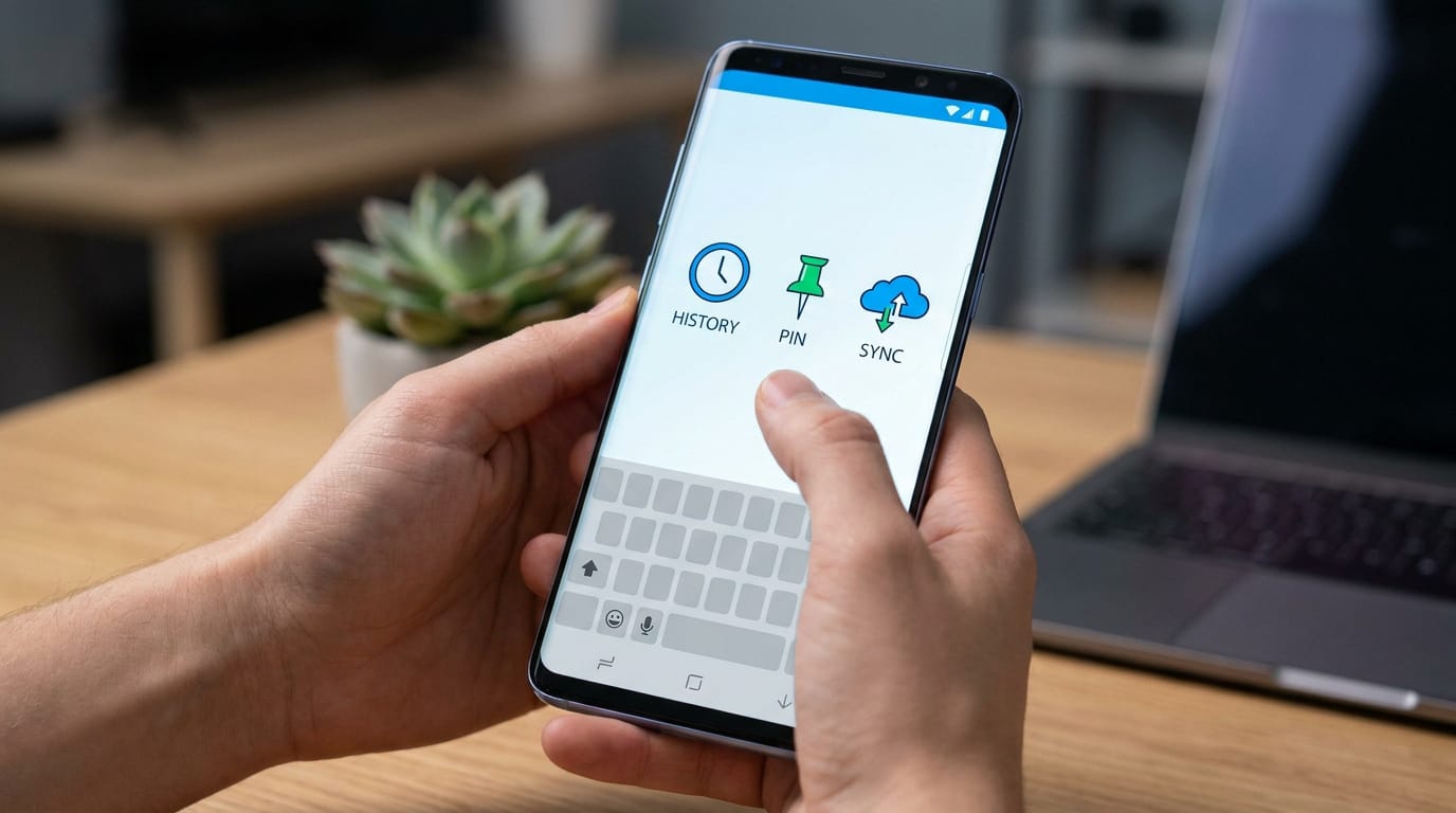 Mains manipulant un smartphone Android. L'écran montre des options de presse-papier : Historique, Épingler et Synchroniser. Un doigt touche l'option Épingler.