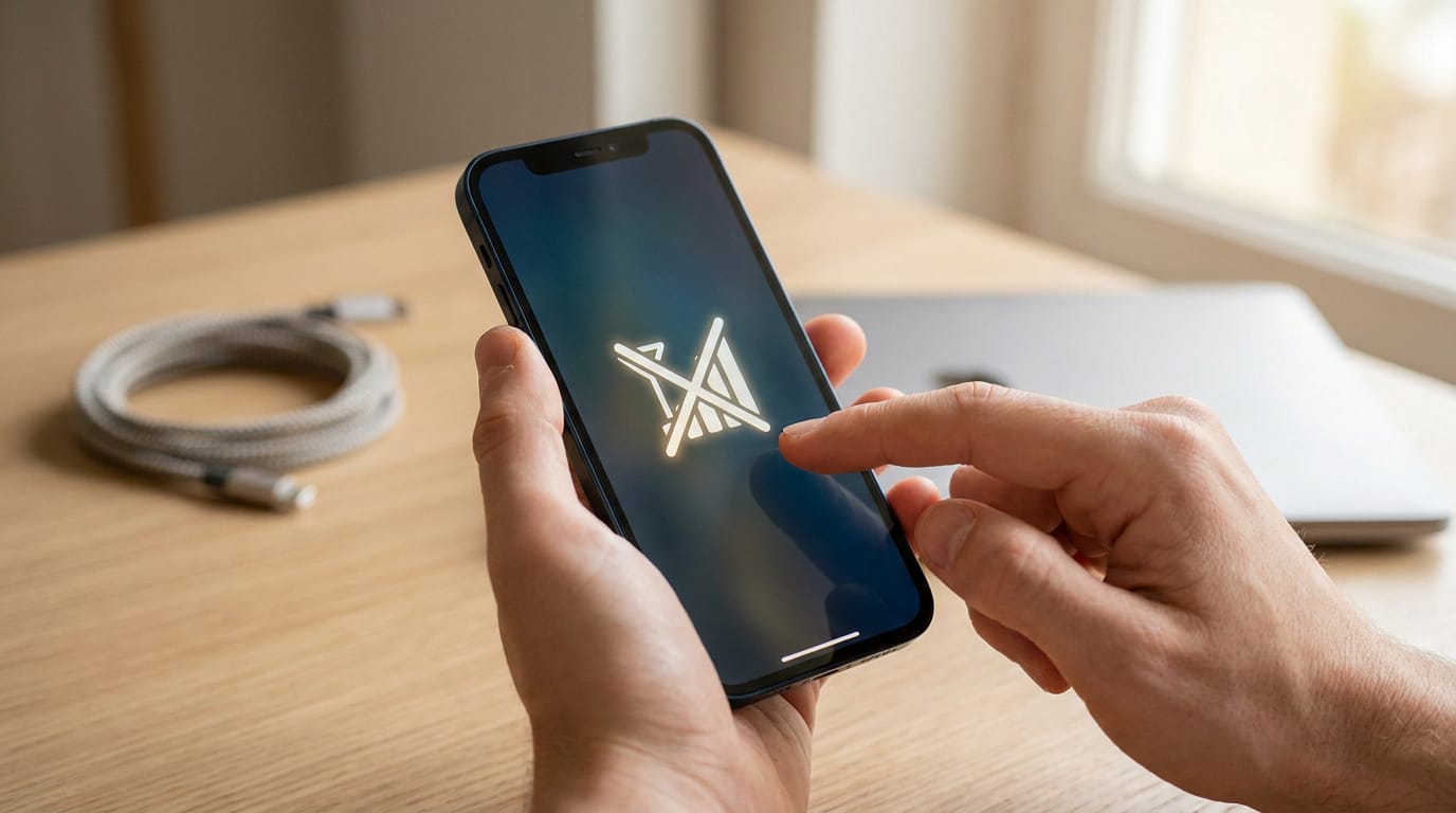 Personne tenant un smartphone affichant une icône d'absence de réseau ou de signal, avec un câble et un ordinateur portable en arrière-plan.