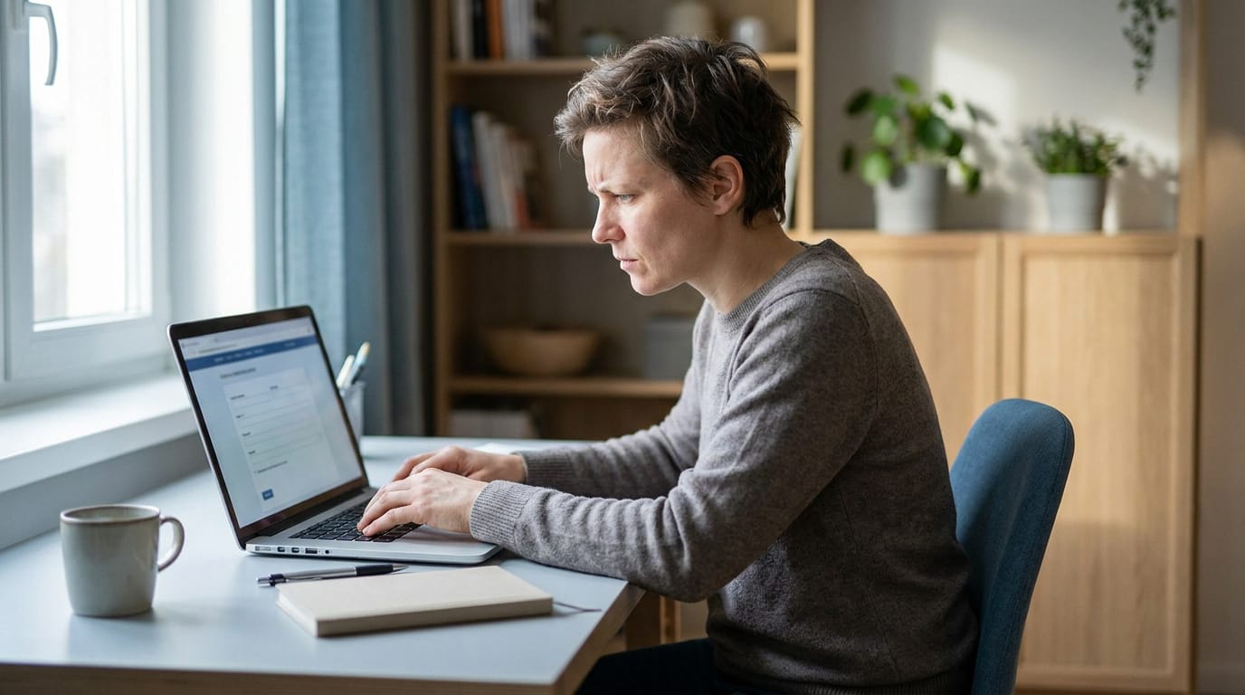 Femme concentrée tapant sur un ordinateur portable, remplissant un formulaire en ligne. Un mug, cahier et stylo sur le bureau.