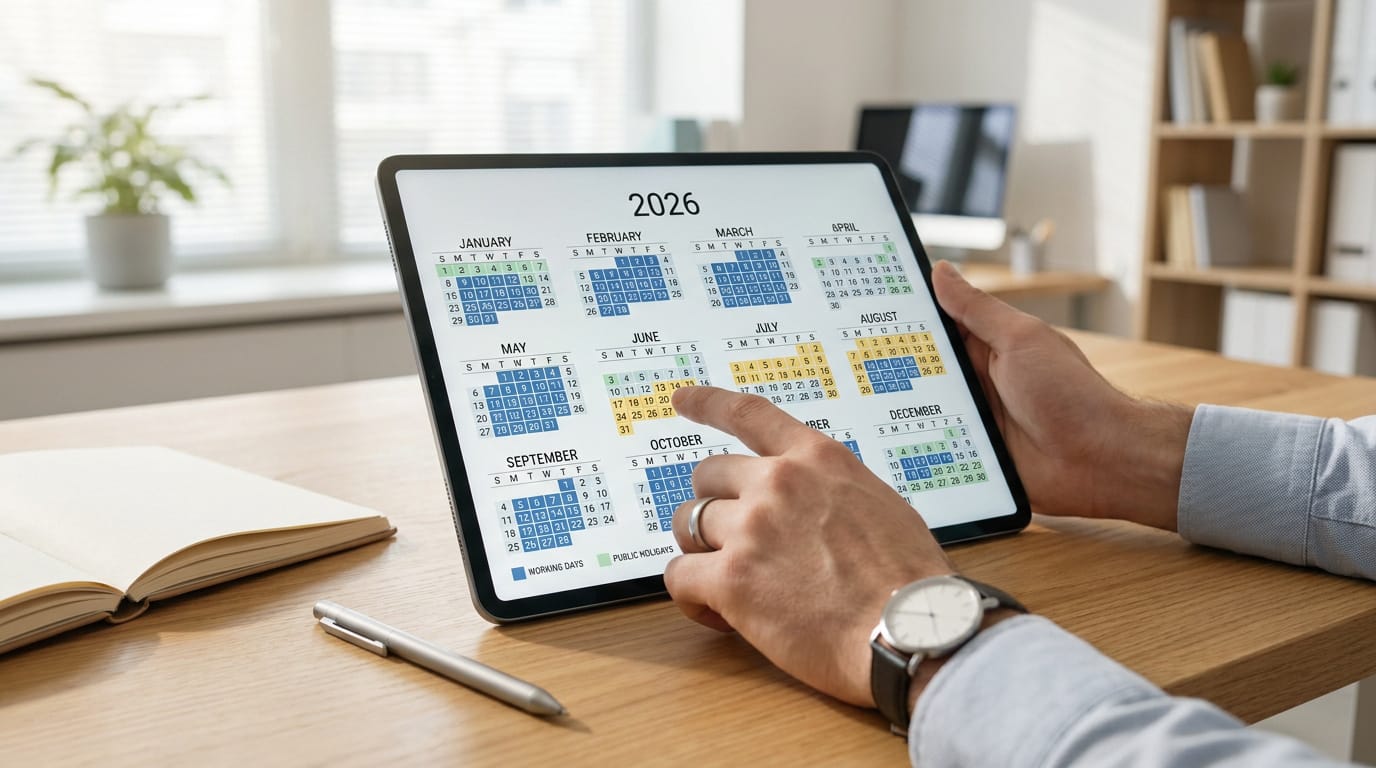 Main d'un homme consultant un calendrier 2026 sur tablette, affichant les jours travaillés et fériés.