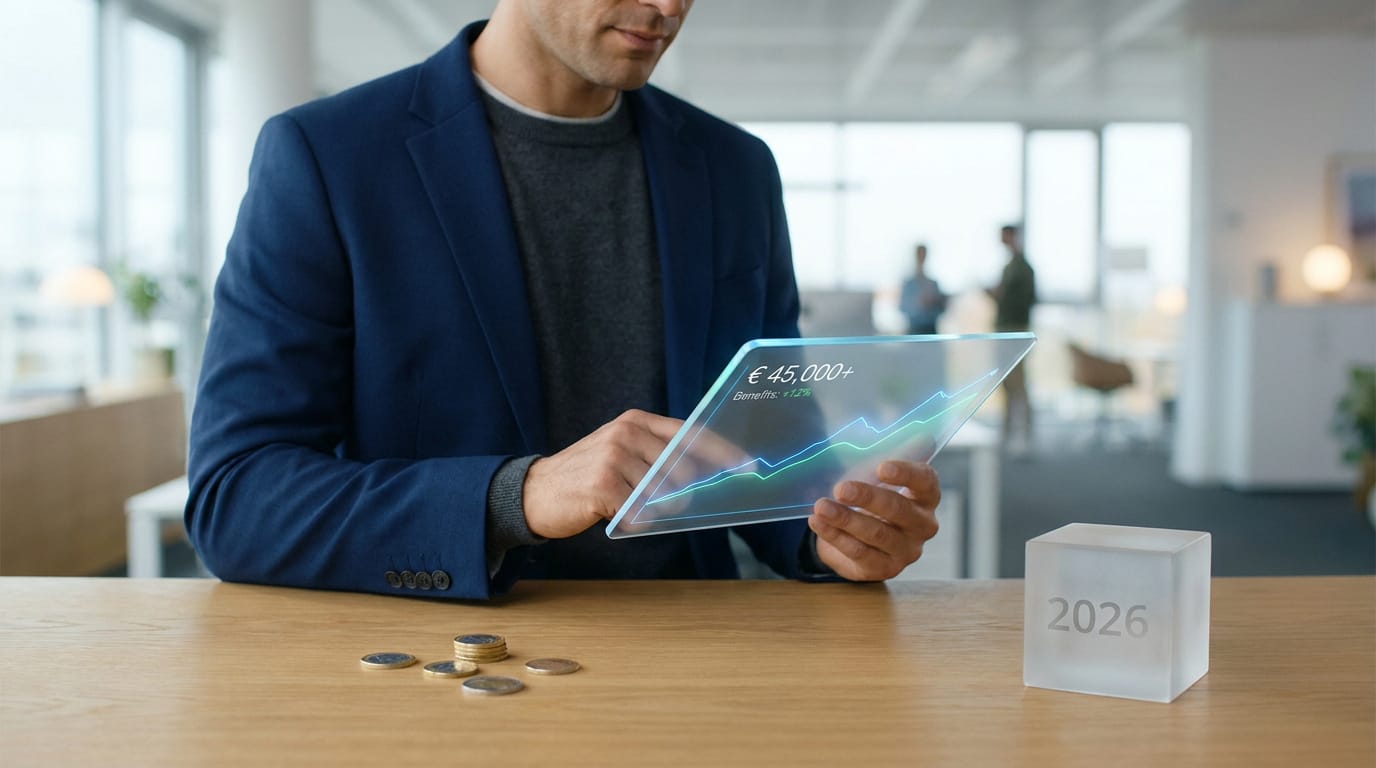 Homme en costume utilisant une tablette transparente avec graphique financier, pièces de monnaie et un cube "2026" sur un bureau.