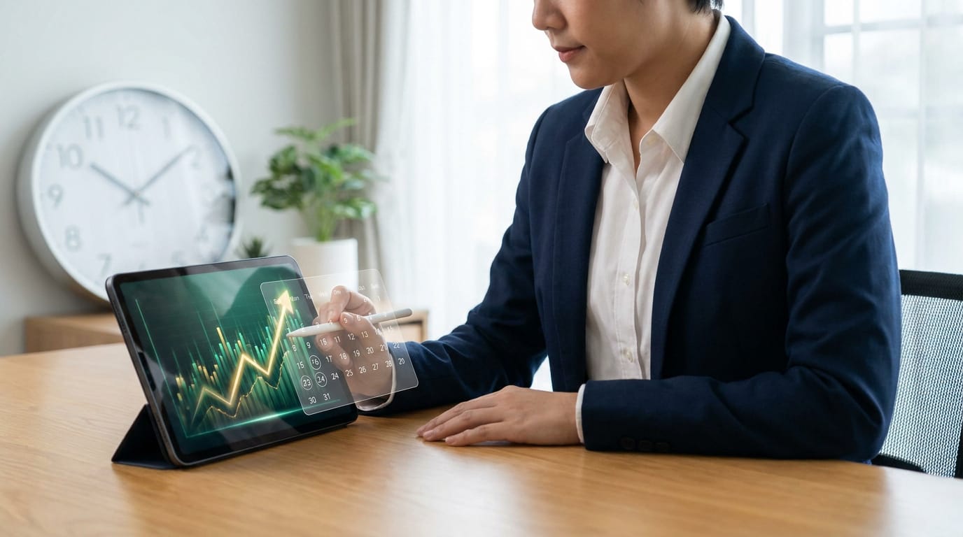 Professionnel en blazer analysant un graphique de croissance et un calendrier interactif sur tablette avec un stylet.