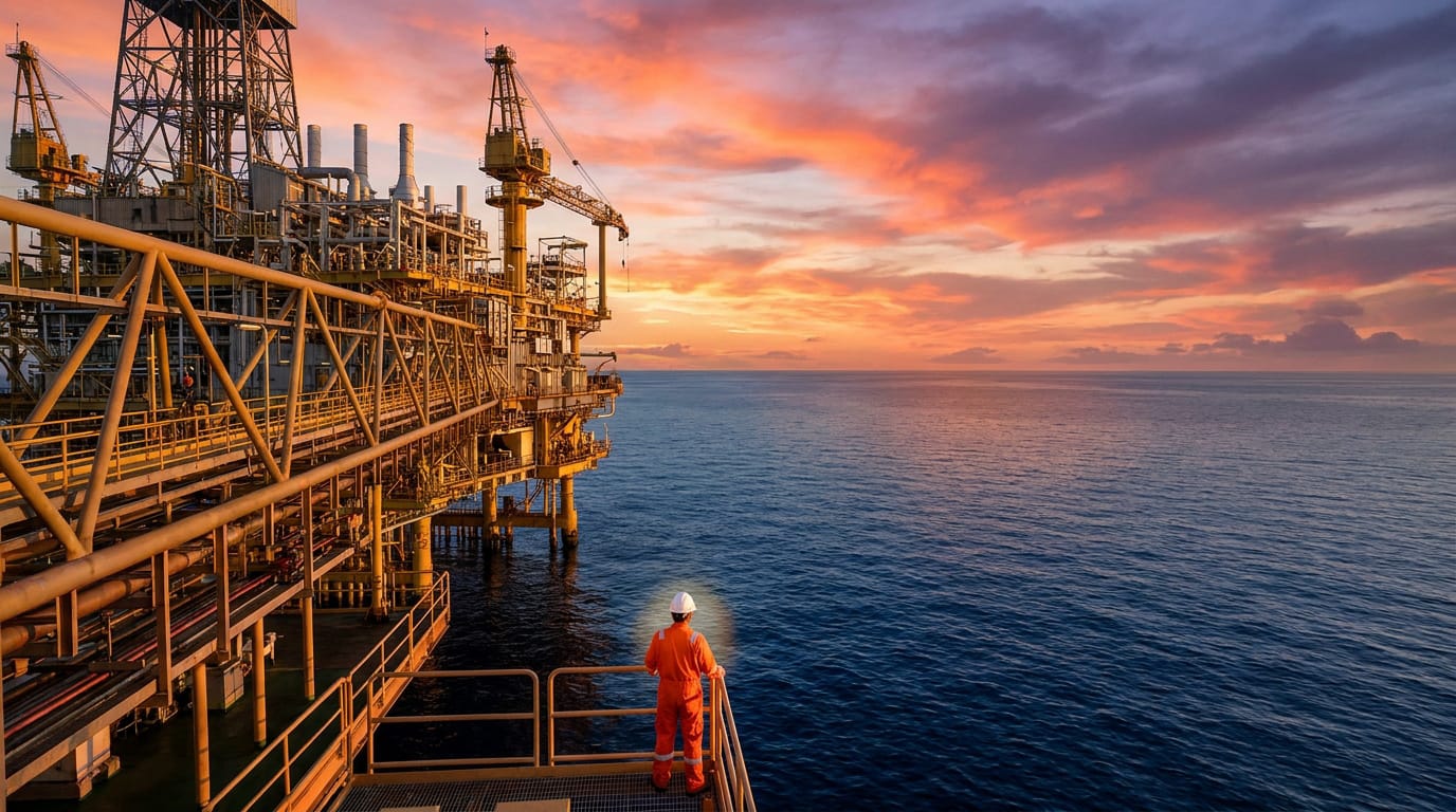 Un ouvrier en combinaison orange et casque blanc contemple l'océan depuis une plateforme pétrolière géante au coucher du soleil.
