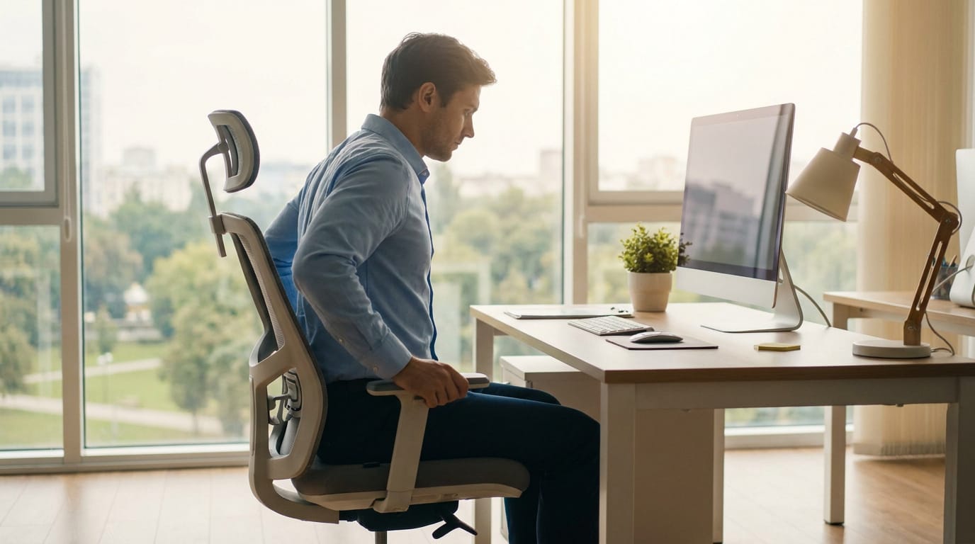 Homme en chemise bleue s'ajuste sur une chaise de bureau ergonomique devant un écran d'ordinateur, vue sur la nature.