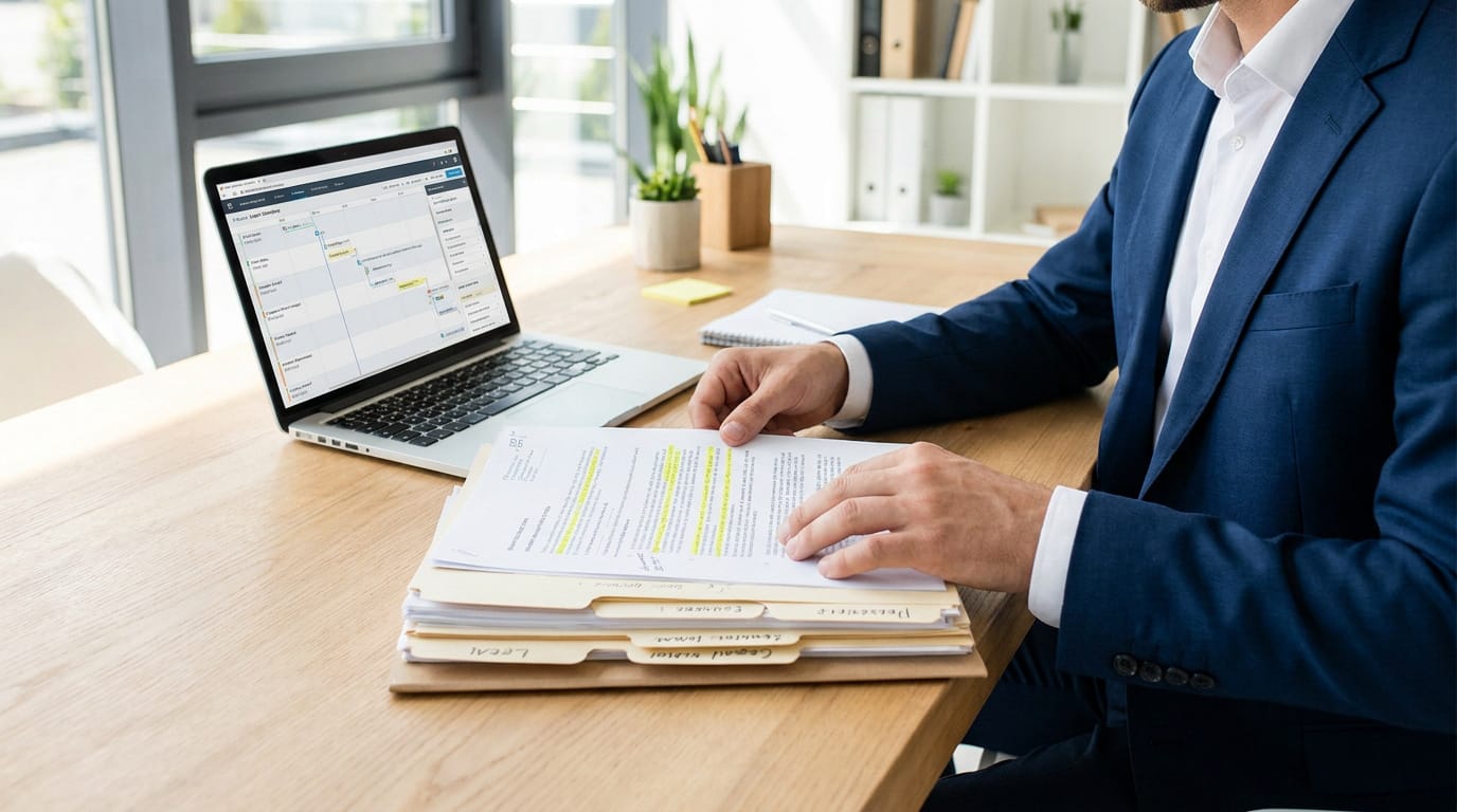 Homme en costume bleu au bureau, examinant des documents surlignés avec une pile de dossiers. Un ordinateur portable est ouvert sur un logiciel de gestion, avec une fenêtre en arrière-plan.