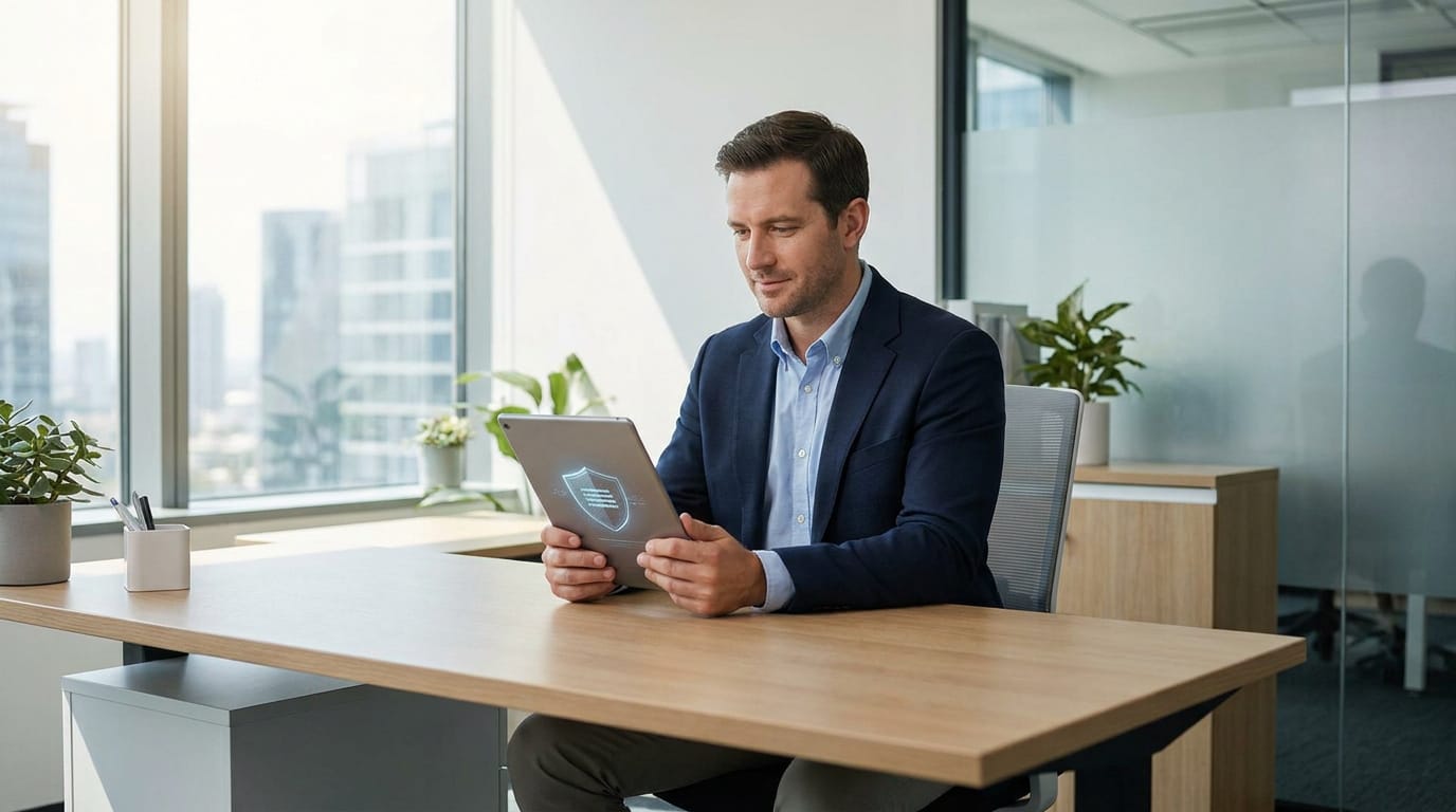 Homme en costume consultant une tablette avec un icône de bouclier, dans un bureau moderne lumineux avec vue sur la ville.