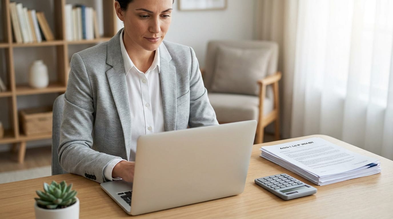 Femme en blazer gris, travaillant sur un ordinateur portable dans un bureau moderne. Documents et calculatrice sur le bureau.