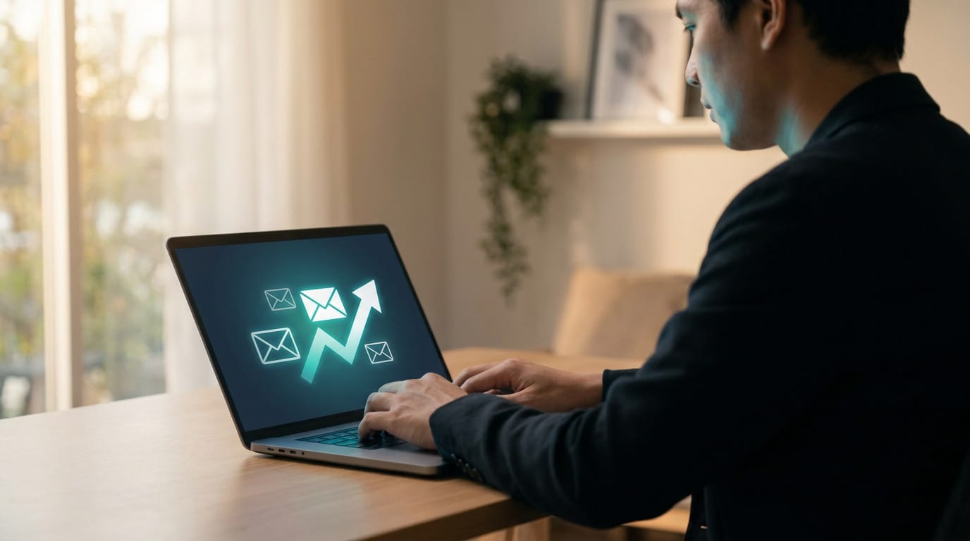 Un homme tape sur un ordinateur portable affichant des icônes d'e-mail et une flèche montante, symbolisant la récupération ou la gestion d'emails.