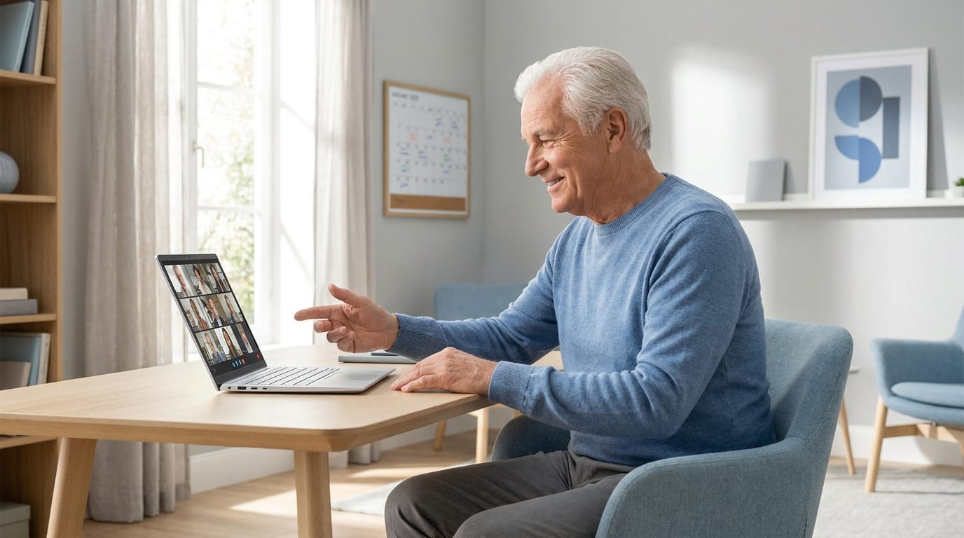 Homme retraité souriant participe à une visioconférence sur ordinateur portable, pointant l'écran, dans un bureau lumineux.