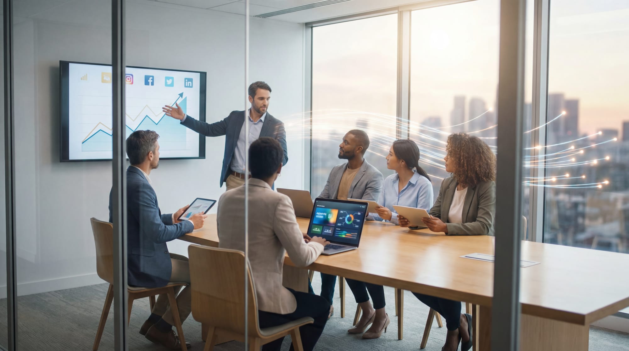 Réunion d'affaires moderne avec un présentateur pointant un écran affichant des icônes de réseaux sociaux et un graphique de croissance. Des lignes numériques évoquent la connectivité.