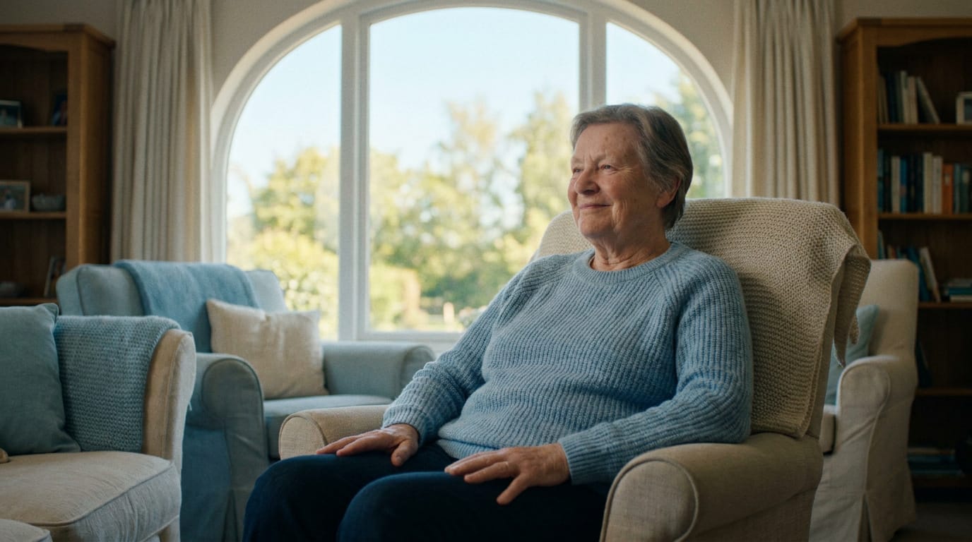 Femme âgée sereine au pull bleu, assise dans un fauteuil beige près d'une grande fenêtre arquée donnant sur un jardin verdoyant.