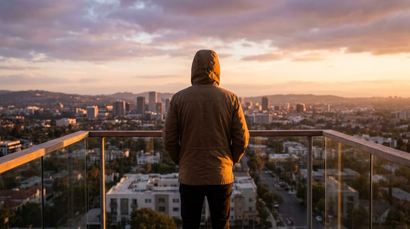 Homme de dos sur un balcon, regardant une ville s'étendant à l'horizon au coucher du soleil, sous un ciel orangé.
