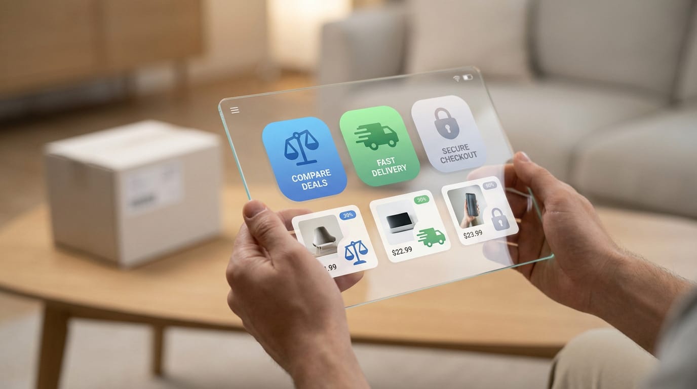 Personne utilisant une tablette transparente pour du shopping en ligne, affichant des options comme comparaison, livraison et paiement sécurisé. Un colis est en arrière-plan.