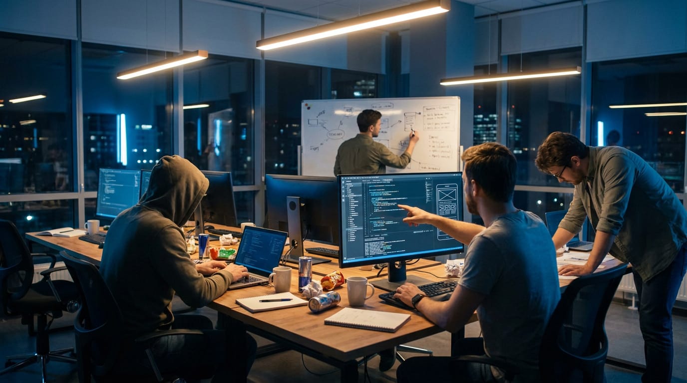 Quatre hommes travaillent intensément sur des ordinateurs et un tableau blanc dans un bureau moderne la nuit, typique d'un hackathon.