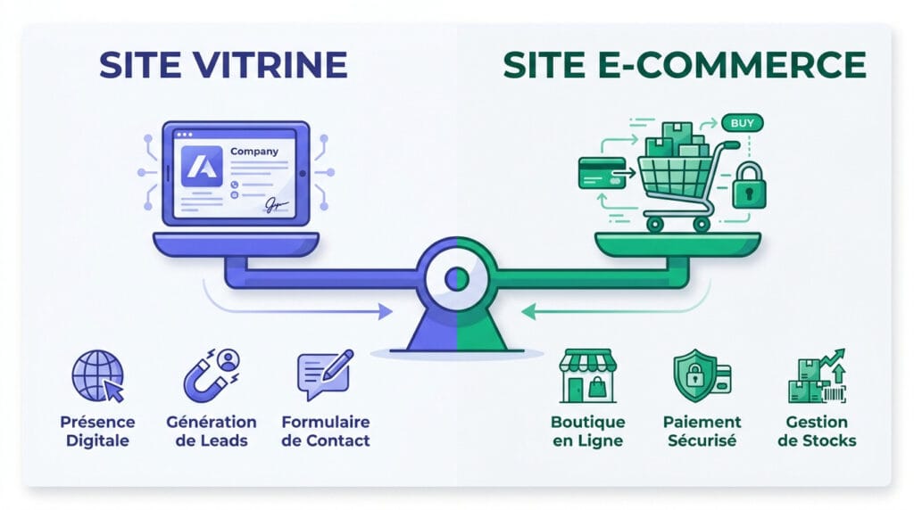 Comparaison graphique entre les fonctionnalités d'un site vitrine et d'une boutique e-commerce